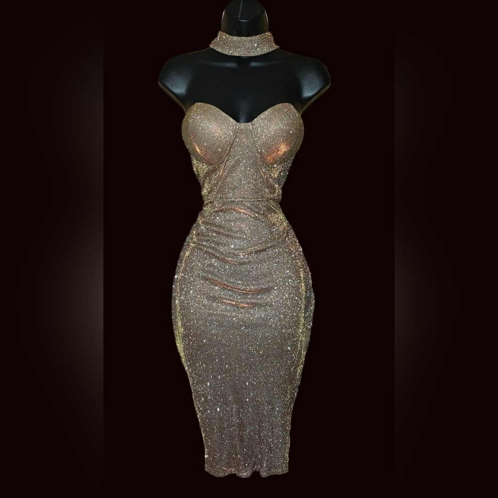 Champagne Rose Shimmering Iridescent Racer Back Party Dress